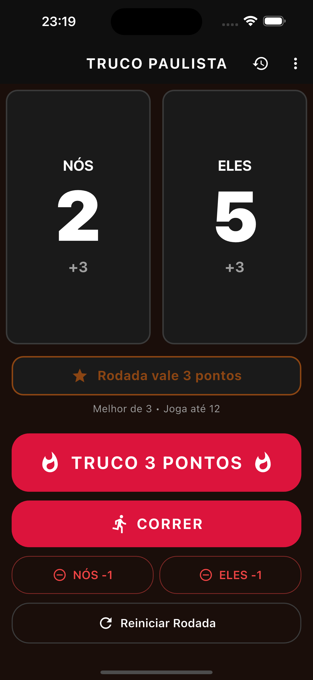 Tela principal do marcador de truco - Interface de pontuação